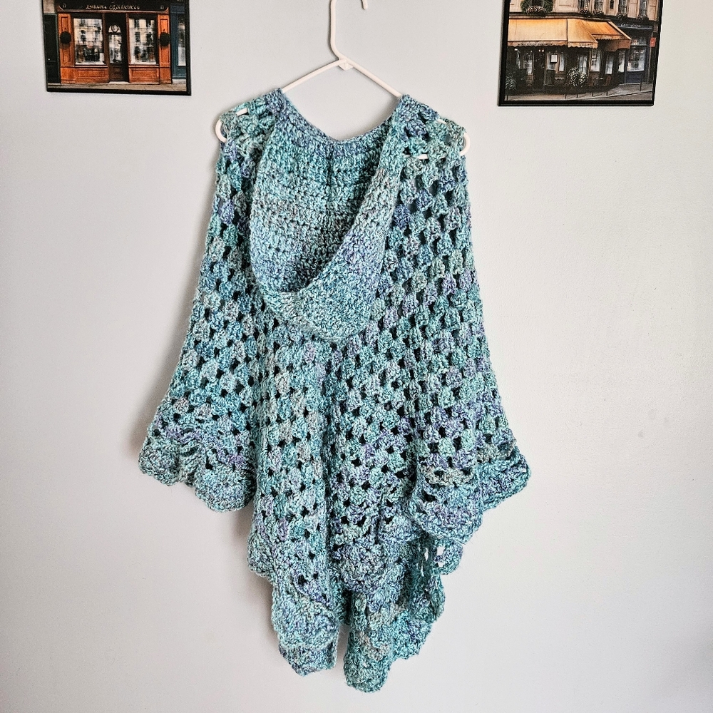 Handmade Stretchy Blue & Purple Crocheted Shawl Poncho w/ Hood One-Size-Fits-All